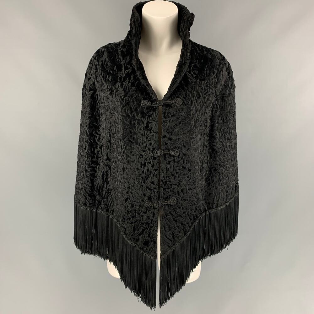ADRIENNE LANDAU Size One Size Black Textured Ashtrakhan Fur Fringe Cape